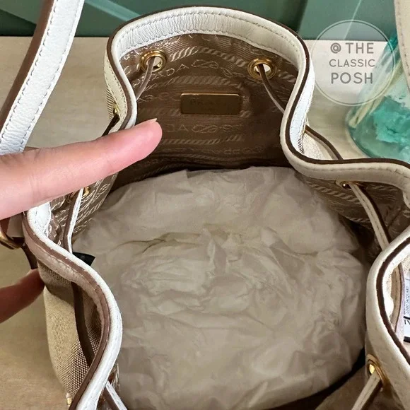 NEW Prada Jacquard Logo Bucket White Trim Canvas Tote Crossbody Bag - Picture 10 of 11